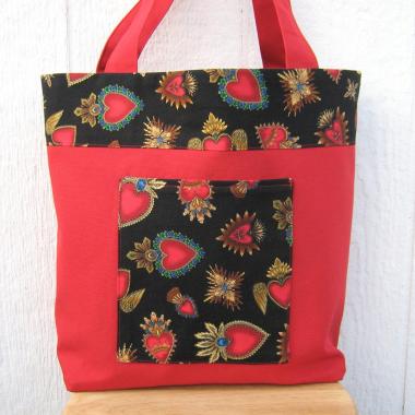 Day of the Dead Red Canvas Shopping Bag, Sacred Hearts Reusable Duck Cloth Tote, USA Handmade