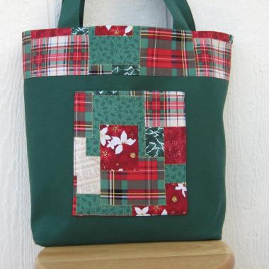 Green Canvas Shopping Bag, Red, Green, White Christmas Plaid Patchwork, Reusable Duck Cloth Tote, USA Handmade