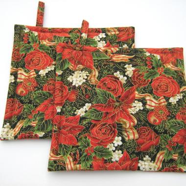 Poinsettia Potholders, Red Roses, Holly, Pomegranate, Holiday Quilted Hot Pads, USA Made Stocking Stuffer, Hostess Gift