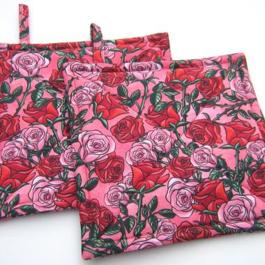 Red Roses Potholders, Pink Sweetheart Rose Quilted Hot Pads, Romance Core USA Handmade Valentine's or Hostess Gift