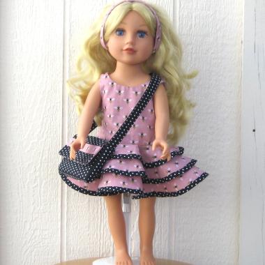 Dusty Pink Ruffled Dress for 18-inch Doll, Matching Bag and Headband, Bees and Polka Dots, Travel or Summer Party Outfit