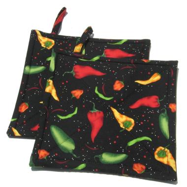 Chile Pepper Potholders, Hot Peppers Quilted Hot Pads, Handmade Hostess Gift