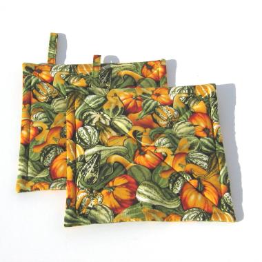 Pumpkins and Gourds Potholders. Gold and Green Quilted Hot Pads. USA Hand Made for Housewarming, Hostess Gift