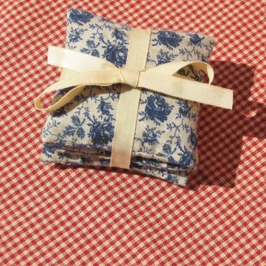 Handmade Lavender Sachets, Set of 3, Vintage Blue & Tan Floral Cotton Print, Drawer Freshener, Gift for Her, 3 x 3 Inch Scented Mini Fabric Bags