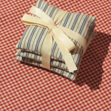 Handmade Lavender Sachets, Set of 3, Vintage Style Blue & Tan Ticking Stripe Cotton Print, Gift for Her, 3 x 3 Inch Scented Mini Fabric Bags
