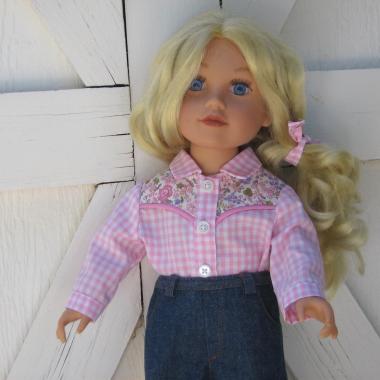 Cowgirl Shirt and Blue Jeans for 18 Inch Doll, Western Outfit in Pink Gingham and Blue Denim, Collared Shirt and 4-Pocket Jeans