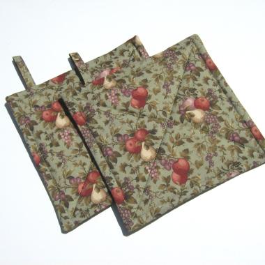 Summer Harvest Potholders, Orchard Apples, Pears, Plums on Sage Cotton, Handmade Quilted Hot Pads, USA Made Stocking Stuffer, Hostess Gift