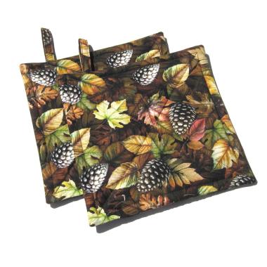 Autumn Woodland Potholders, Leaves and Pinecones Quilted Hot Pads, Rustic Farmhouse Décor, USA Hand Crafted Housewarming or Hostess Gift