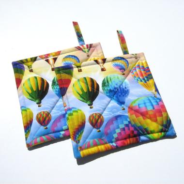 Hot Air Balloon Potholders, Blue Sky, Clouds & Balloons Hot Pads, American Made Hand Crafted Hostess, Housewarming Gift, PATTERN WILL VARY!