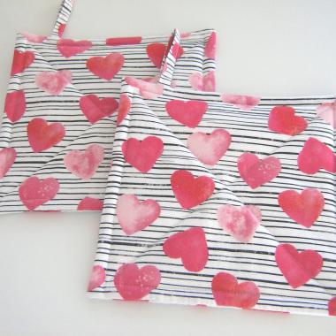 Valentine Potholders, Pink Hearts, Black White Stripes Quilted Hot Pads, USA Handmade Gift, Housewarming, Hostess, Sweetheart Gift