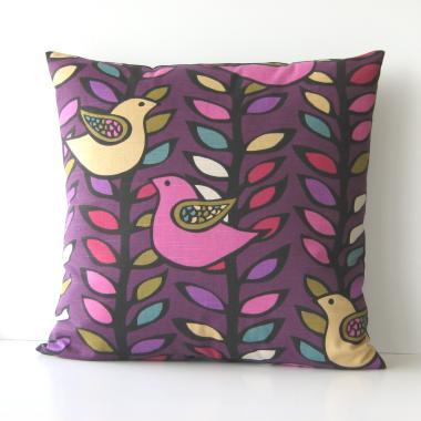 Mod Style Bird Pillow Cover in Pink, Olive, Yellow on Purple Linen Cotton Blend, KAS Designer Print, 23 x 23 Inches, USA Handmade