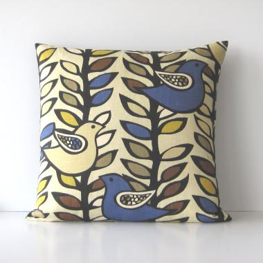 Mod Style Birds Pillow Cover in Beige, Blue, Mustard, Taupe Linen Cotton Blend, KAS Designer Print, 21 x 21 Inches, USA Handmade
