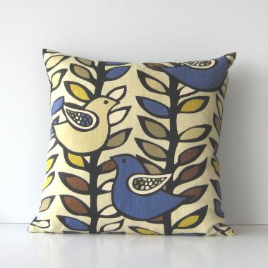 Mid Century Birds Pillow Cover in Beige, Blue, Mustard, Taupe Linen Cotton Blend, KAS Designer Print, 19 x 19 Inches, USA Handmade