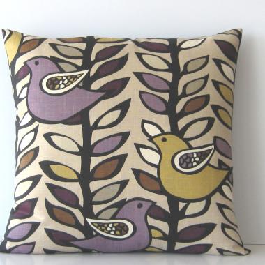Mid Century Style Pillow Cover in Mustard, Plum, Chocolate, White on Taupe Linen Cotton Blend, KAS Designer Birds, 21 x 21 Inches, USA Handmade