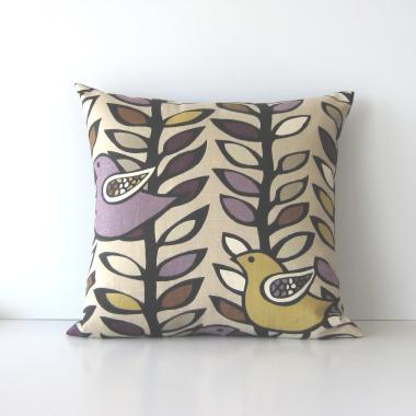 Mod Bird Pillow Cover in Purple, White & Mustard on Taupe KAS Designer Print Linen Cotton Blend, 19 x 19 Inches, USA Handmade