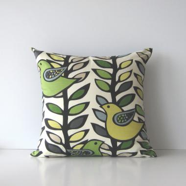 Mod Birds & Trees Pillow Cover in Off-White, Green, Gray, Chartreuse Linen Cotton Blend, KAS Designer Print, 19 x 19 Inches