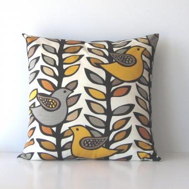 Retro Birds Pillow Cover in White, Gold, Grey Linen Cotton Blend, KAS Designer Print, 21 x 21 Inches