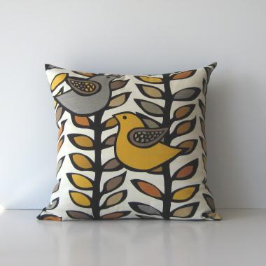 Mod Birds Pillow Cover in White, Gold, Grey, Black Linen Cotton Blend, KAS Designer Print, 19 x 19 Inches