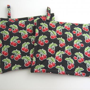 Cherries and Polka Dots Potholders, Red Black Retro Look Quilted Handmade Hot Pads, Housewarming Gift 