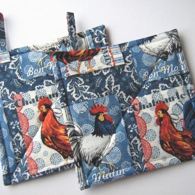 French Country Rooster Potholders, Handmade Quilted Hot Pads, Hostess, Housewarming Gift