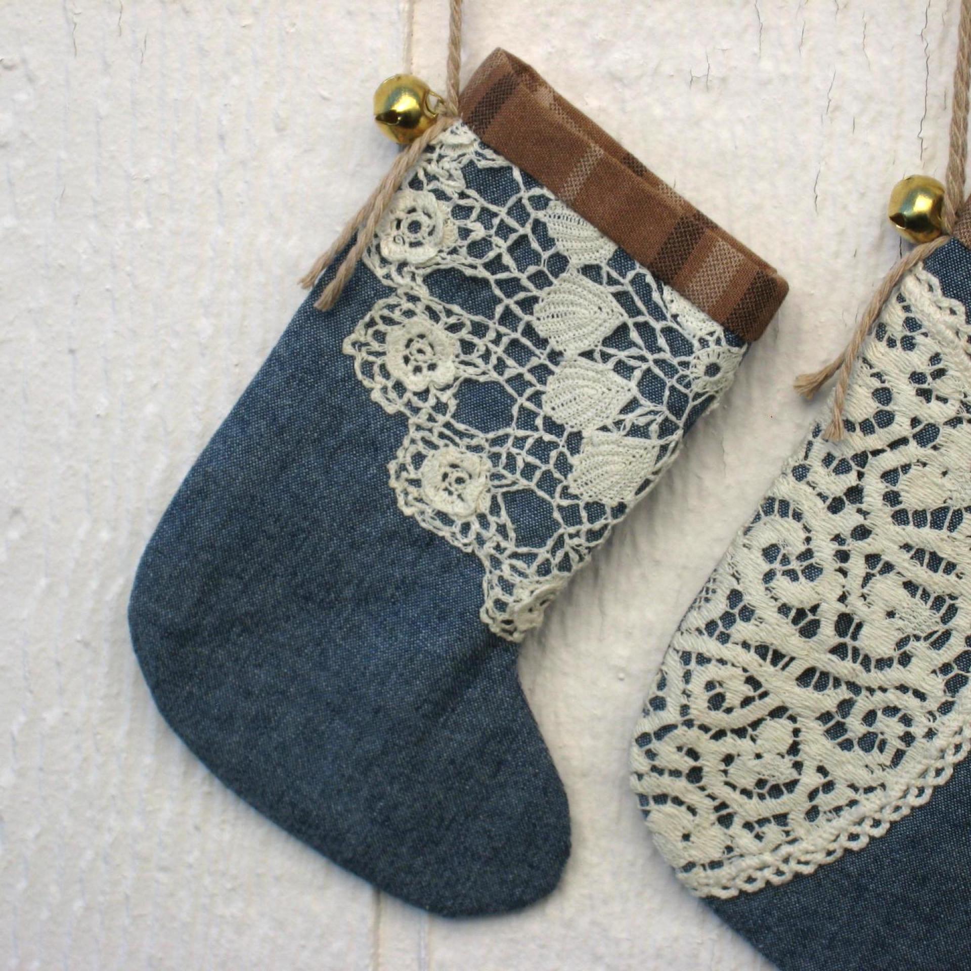 Chambray and Plaid Mini Christmas Stockings, Set of Three