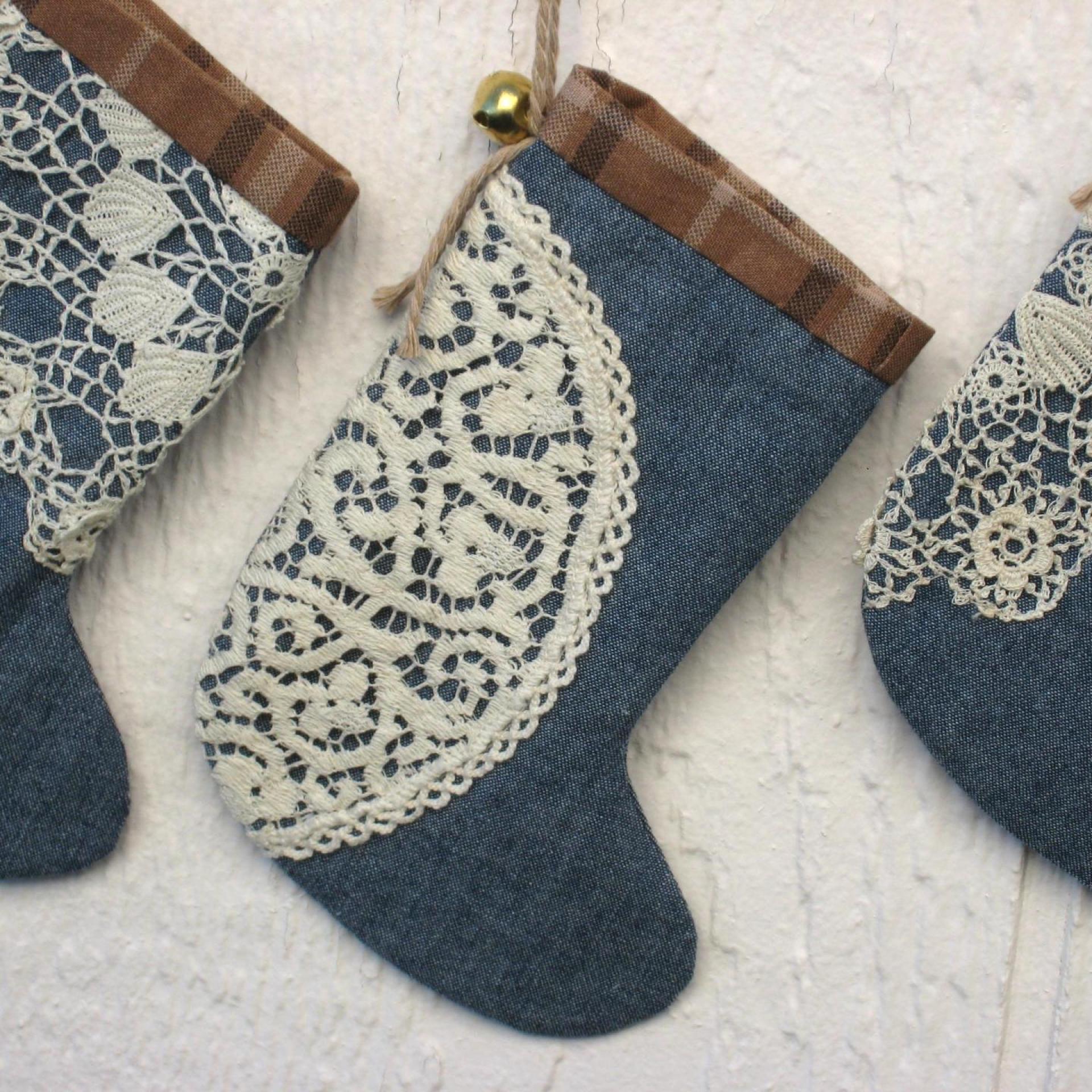 Chambray and Plaid Mini Christmas Stockings, Set of Three